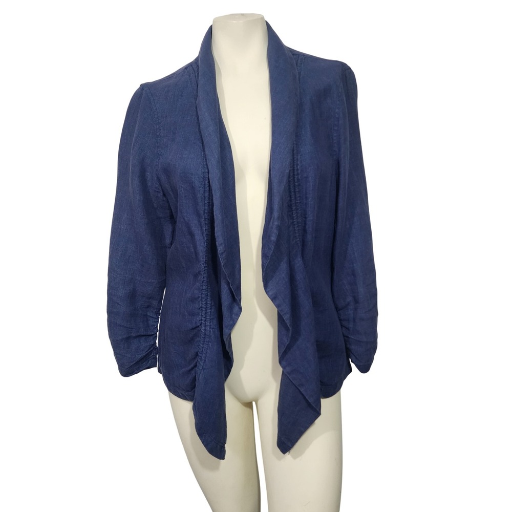 Chico's 100% Linen Open Front Jacket navy Blue Draped Cardigan Size 1 (M)